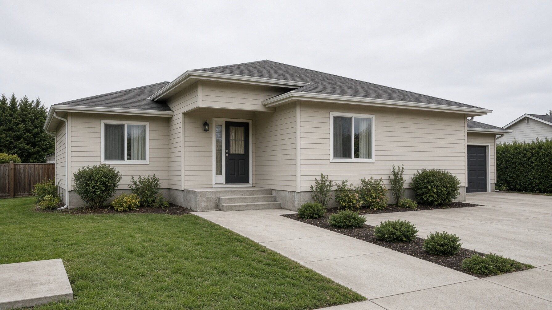 Concrete walkway, front steps, driveway, and visible foundation beside a home